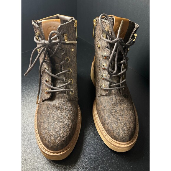 Michael Kors MK Monogram Combat Boots Brown Lace-Up Ankle Booties 6.5M - Picture 2 of 10